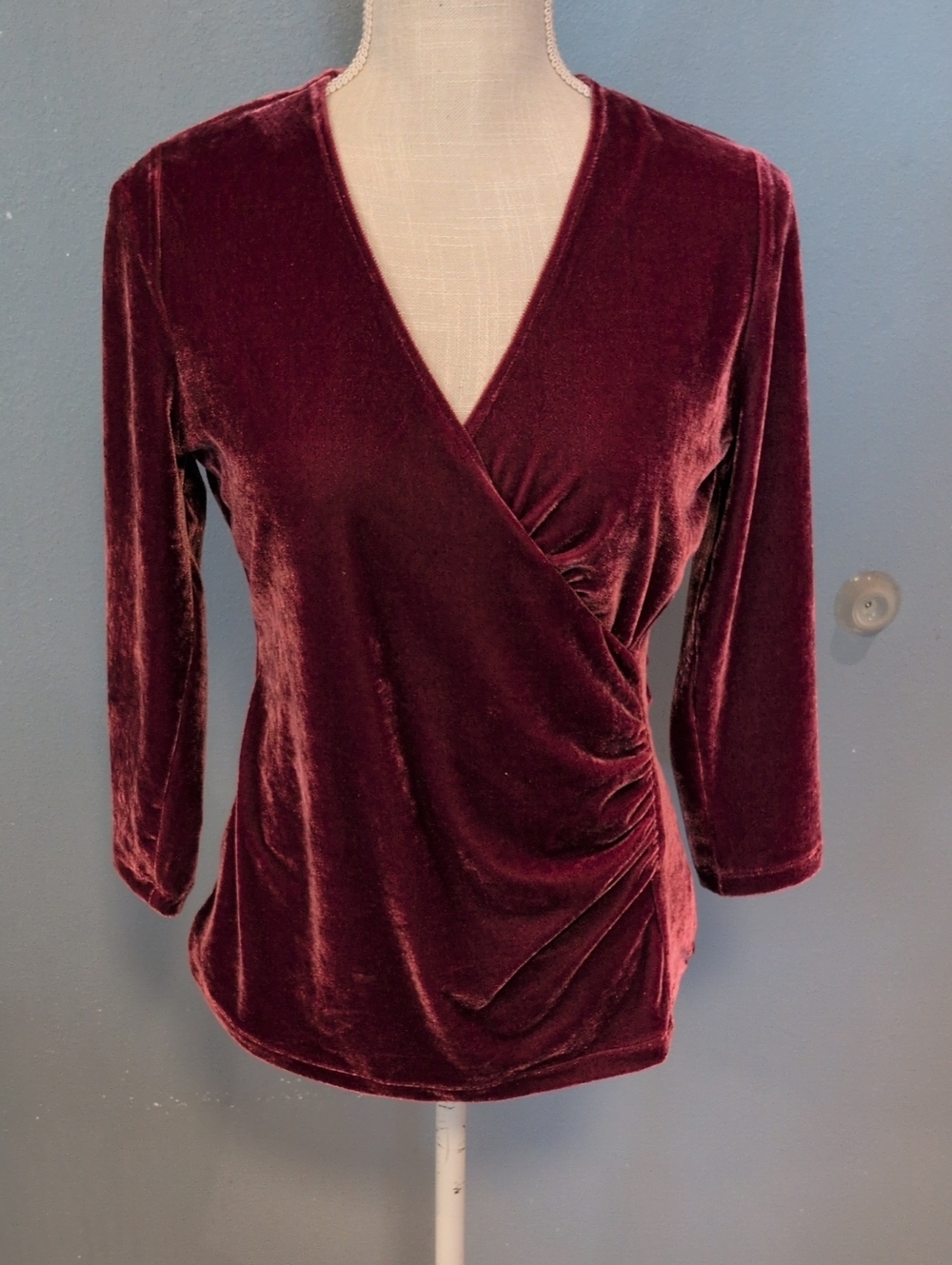 Soft Surroundings Velour Faux Wrap V-neck Ruched Blouse Balletcore Whimsigoth